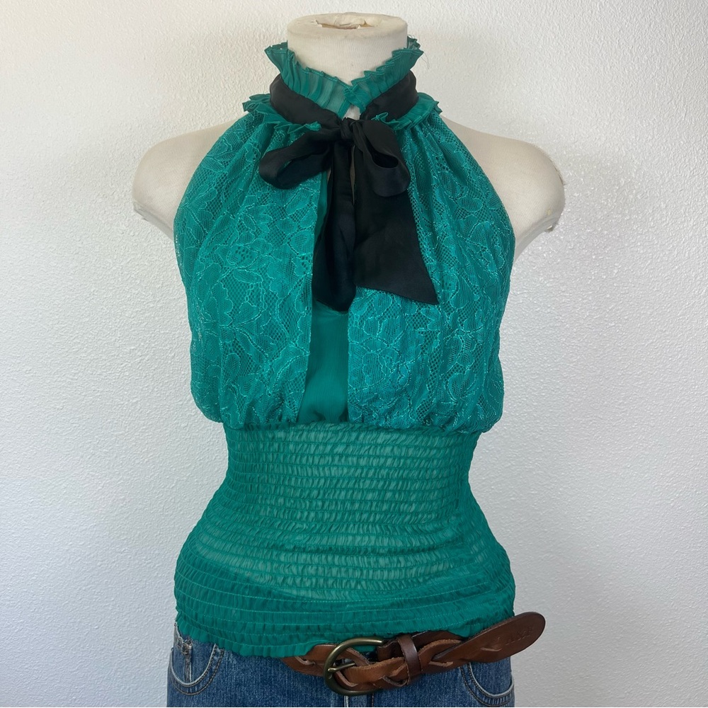 Women’s Teal Lace Halter Top with Black Neck Tie